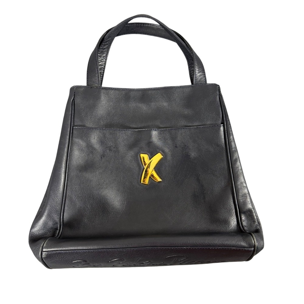Paloma Picasso Vintage Black Leather Tote Bag Gold X Logo Made in Italy